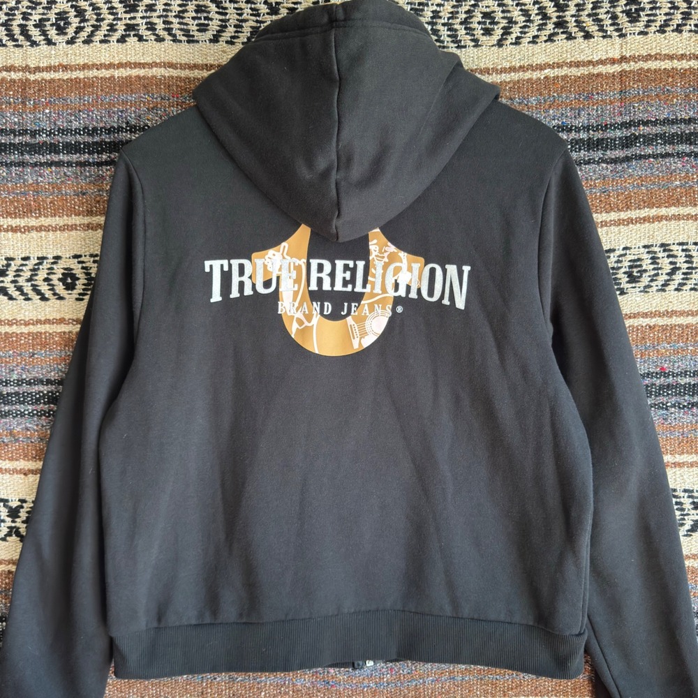 True Religion Tracksuit Set Womens XL Black Gold Logo Zip Hoodie Joggers